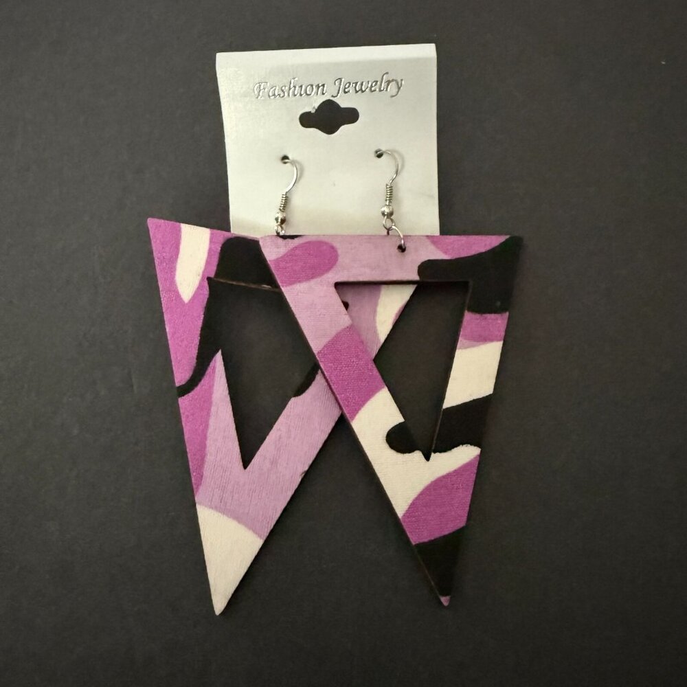 NOC Geometric Purple Camouflage Triangle Wooden Fabric Drop Earrings Lightweight